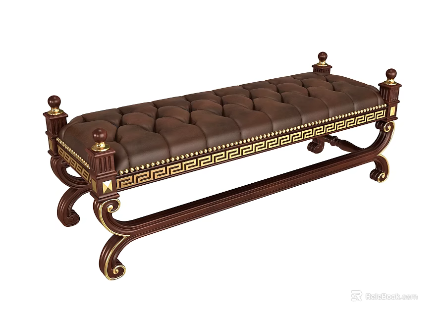 Classic Tufted Leather Sofa Bench With Wooden Frame And Gold Accents 3d model 