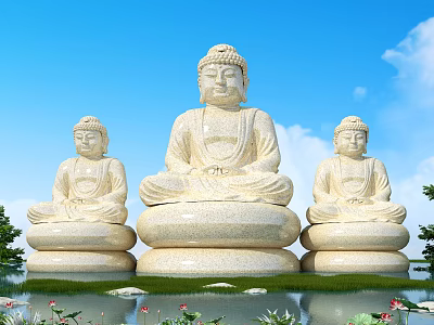 Three Buddha stone sculptures outdoor by pond with lotus and blue sky 3d model