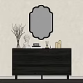 Black Decorative Cabinet With Blue Vase White Statue And Black Framed Mirror Above Beige Wall