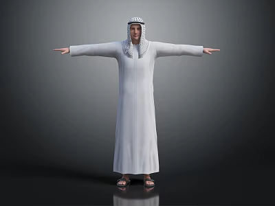 A Man In Traditional White Robe And Headscarf Standing With Arms Outstretched Against Gray Background 3d model