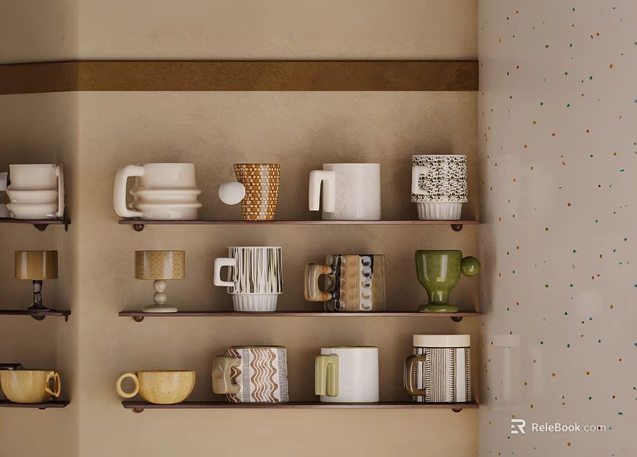 Stylish Modern Kitchen Interior With Wall Shelves Holding Ceramic Mugs Bowls And Dishes 3d model 