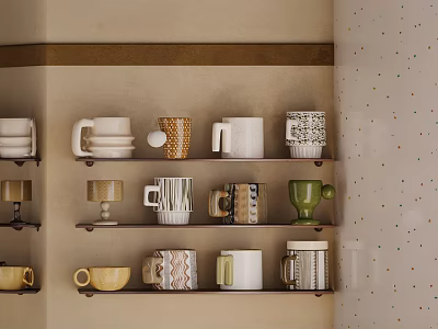 Stylish Modern Kitchen Interior With Wall Shelves Holding Ceramic Mugs Bowls And Dishes 3d model