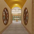 Ethnic Interior With Round Dome Wooden Structure Decorative Grassland Cow Paintings Wheel Seats And Table