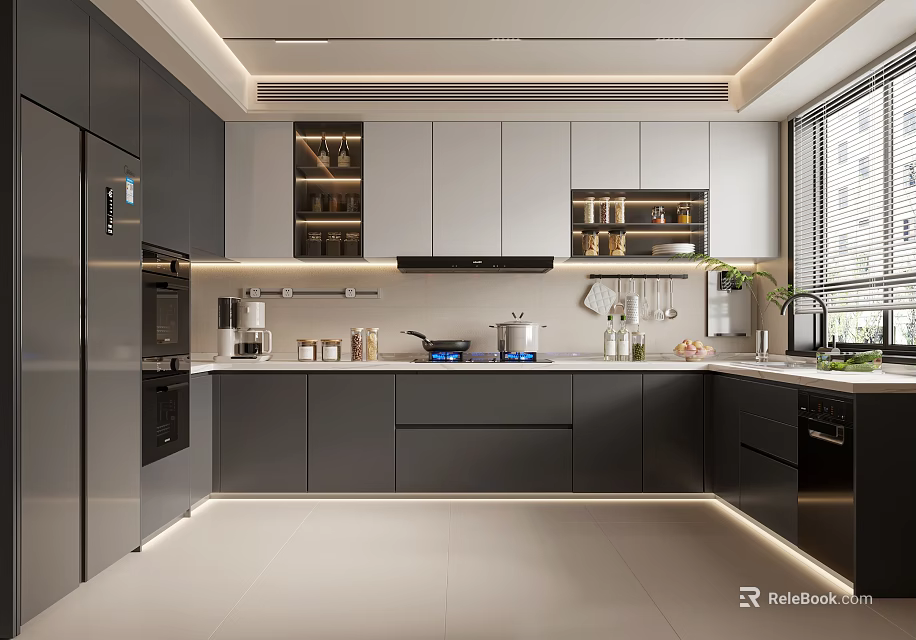 Modern Kitchen Interior Design With Gray Cabinets Island Counter And Stainless Steel Appliances 3d model 