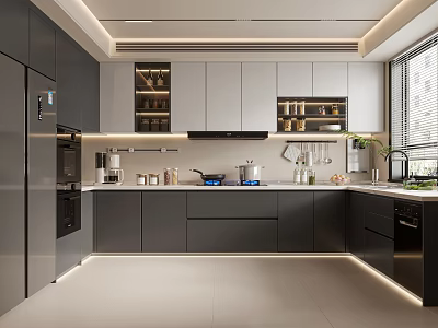 Modern Kitchen Interior Design With Gray Cabinets Island Counter And Stainless Steel Appliances 3d model