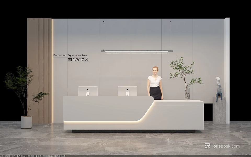 Modern White Reception Desk with Female Receptionist in Contemporary Office Interior and Green Plants 3d model 