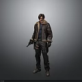 Male Character Outfit With Brown Leather Jacket Gun Black Pants Gloves And Boots 3d model