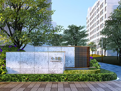 Stone Feature Wall with Building 6 Sign Surrounded by Green Plants and Trees 3d model