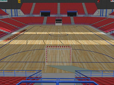 Spacious Indoor Sports Arena With Red Seats Wooden Floor And Handball Goal For Fitness Training 3d model