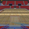 Spacious Indoor Sports Arena With Red Seats Wooden Floor And Handball Goal For Fitness Training