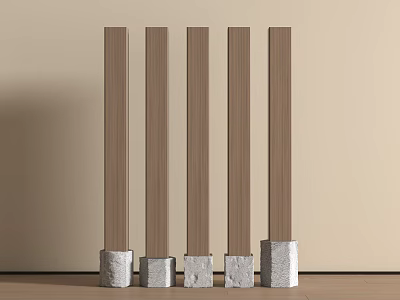 Five Brown Columns With Gray Stone Bases Against Beige Wall And Brown Floor 3d model