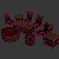Natural Wicker Table And Chairs Set With Red Cushions And Round Stools