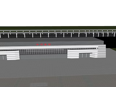 Modern Station Building With Red Signage White Facade Front Plaza And Overhead Viaduct 3d model