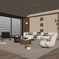 Modern Elegant Living Room with Beige Sofa Round Coffee Table Floor Lamp and Window Blinds
