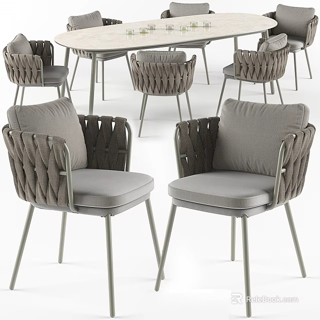 Modern Dining Table Set With Woven Armrest Chairs And Gray Cushioned Seats 3d model