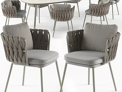 Modern Dining Table Set With Woven Armrest Chairs And Gray Cushioned Seats 3d model