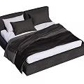 Modern Double Bed with Dark Upholstered Frame White Sheets Black Pillows and Striped Blanket 3d model