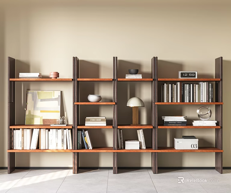 Modern Bookshelf With Multiple Shelves Books Decorative Bowl Table Lamp And Framed Art 3d model 