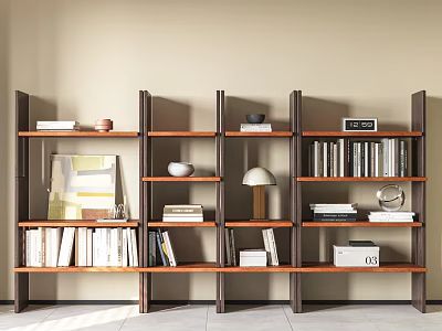 Modern Bookshelf With Multiple Shelves Books Decorative Bowl Table Lamp And Framed Art 3d model