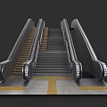 Modern Escalator with Staircase Metal Frame and Yellow Warning Stripes on Floor