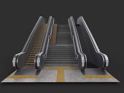 Modern Escalator with Staircase Metal Frame and Yellow Warning Stripes on Floor 3d model
