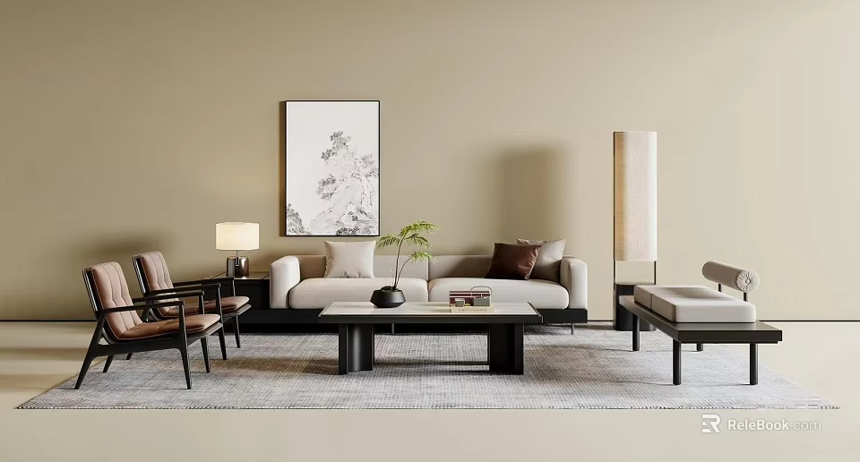 Modern Neutral Fabric Sofa And Coffee Table Set For Warm Minimalist Living Room Interior 3d model 