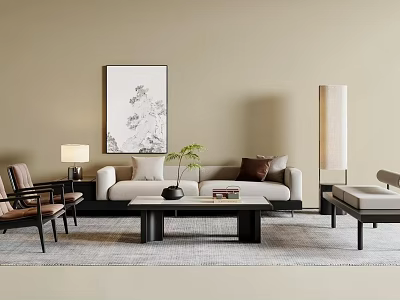 Modern Neutral Fabric Sofa And Coffee Table Set For Warm Minimalist Living Room Interior 3d model