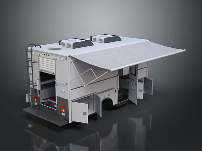 Modern Bus With Retractable Awning Open Doors And Roof Equipment Design 3d model