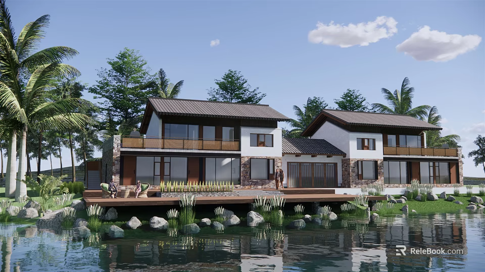 Waterfront Homestay Building with Chinese Style Roof Wooden Deck Large Windows and Palm Trees 3d model 
