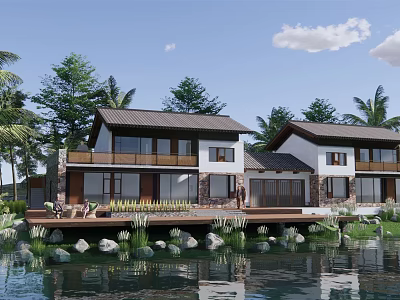 Waterfront Homestay Building with Chinese Style Roof Wooden Deck Large Windows and Palm Trees 3d model