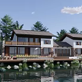 Waterfront Homestay Building with Chinese Style Roof Wooden Deck Large Windows and Palm Trees