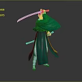Man In Traditional Green Robe Holding Long Sword With Reflection On Gray Background 3d model