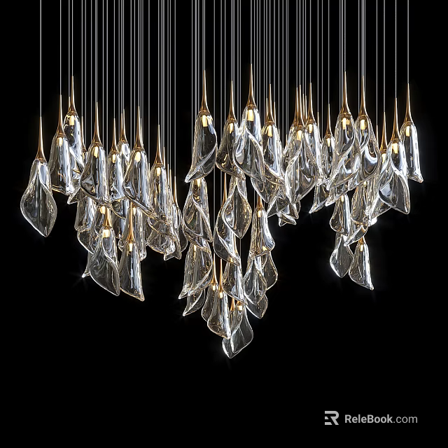 Elegant Modern Glass Chandelier with Leaf Shaped Transparent Pieces and Golden Hanging Wires 3d model 