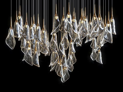 Elegant Modern Glass Chandelier with Leaf Shaped Transparent Pieces and Golden Hanging Wires 3d model