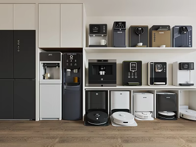 Modern Interior Design With Various Household Appliances And Kitchen Display Shelves 3d model