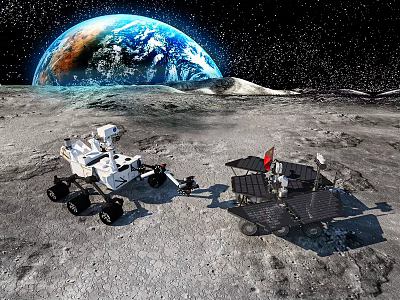 Industrial Equipment For Space Exploration On Lunar Surface With Earth In Background 3d model