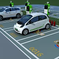 Industrial Charging Stations For Electric Vehicles In Parking Lot With Safety Gear