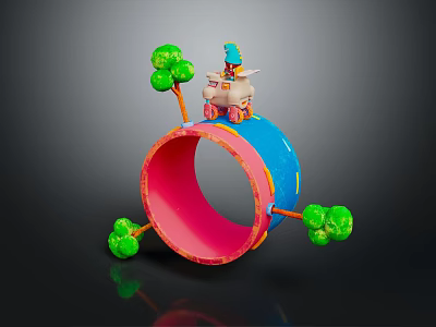 Colorful Blue And Pink Ring Structure With Green Tree Decorations And Small Sheep With Hat 3d model