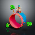 Colorful Blue And Pink Ring Structure With Green Tree Decorations And Small Sheep With Hat