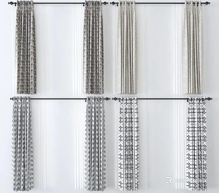 Various Design Curtains With Striped And Grid Patterns On Curtain Rod 3d model 