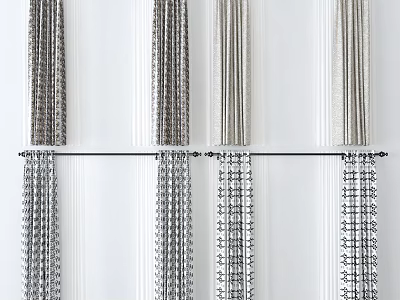 Various Design Curtains With Striped And Grid Patterns On Curtain Rod 3d model