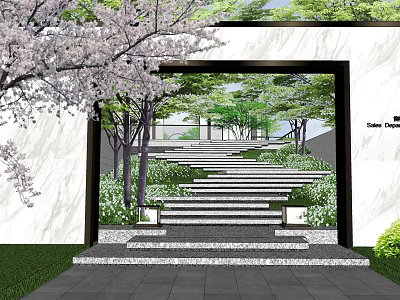 Garden Courtyard With Cherry Blossom Tree White Wall Stone Steps And Green Plants 3d model