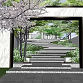 Garden Courtyard With Cherry Blossom Tree White Wall Stone Steps And Green Plants