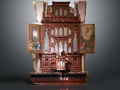Antique Oil Paintings Flanking Ornate Wooden Carved Pipe Organ with Intricate Design Details 3d model