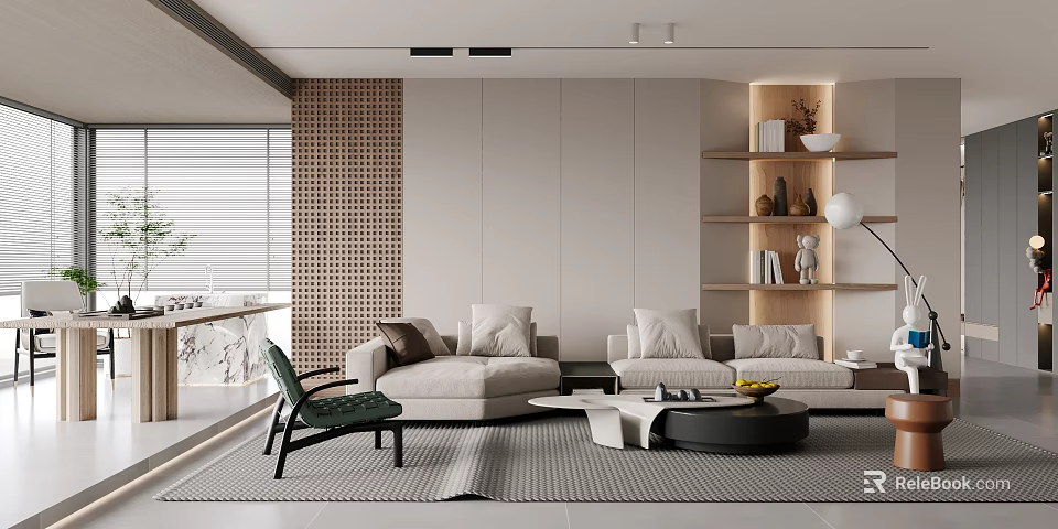 Modern Living Room Interior With Sofa Chair Coffee Table And Bookshelf 3d model 