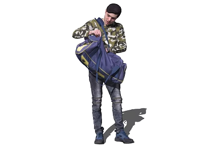 A Man Carrying Blue Backpack Wearing Camouflage Jacket Jeans And Black Cap 3d model