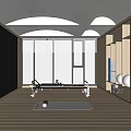 Indoor Sports Fitness Space Featuring Large Windows Wooden Floors Mirror Walls Exercise Bikes Yoga Mat