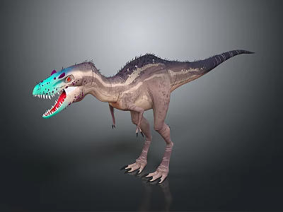 Vibrant Theropod Dinosaur Blue Red Head Open Mouth Sharp Teeth Striped Body Spiked Back 3d model