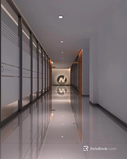 Modern Office Corridor With Glass Partitions Polished Flooring And Ceiling Lights 3d model 
