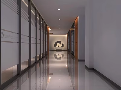 Modern Office Corridor With Glass Partitions Polished Flooring And Ceiling Lights 3d model